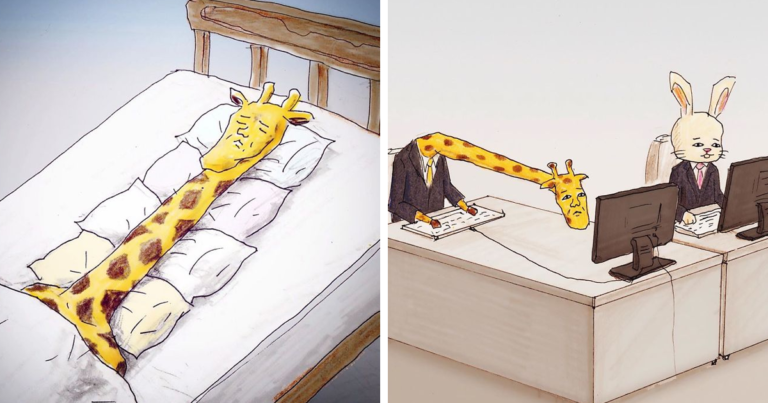 30 Humorous Illustrations of Giraffes and Their Everyday Struggles by Skilled Japanese Artist Keigo